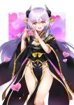  1girl commentary_request fate/grand_order fate_(series) han&#039;eri heart heart_hands highres horns japanese_clothes kimono kiyohime_(fate/grand_order) long_hair looking_at_viewer obi obiage obijime open_mouth pelvic_curtain purple_hair red_eyes sash sora-bozu 