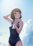  10s 1girl blue_eyes blue_sky brown_hair clouds grey_hair highres looking_up love_live! love_live!_sunshine!! one-piece_swimsuit papi_(papiron100) short_hair signature sky solo standing swimsuit towel towel_around_neck watanabe_you wet wet_hair 