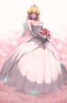  1girl blonde_hair bouquet breasts bridal_veil cleavage dress elbow_gloves flower gloves highres looking_at_viewer super_mario_bros. mynare parted_lips piranha_plant princess_peach smile solo super_mario_odyssey tiara veil white_dress white_gloves 