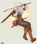  1girl armband belt boots breasts ciri commentary full_body gloves green_eyes highres incoming_attack knee_boots medium_breasts norasuko pants revision scabbard scar sheath shirt short_hair short_sword silver_hair solo sword the_witcher the_witcher_3 weapon 