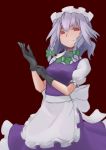  1girl apron black_gloves bow braid frilled_apron frills gloves green_bow hair_bow hitsune izayoi_sakuya maid_apron maid_headdress puffy_short_sleeves puffy_sleeves red_background red_eyes short_sleeves silver_hair smile touhou twin_braids 