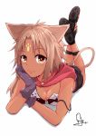  1girl animal_ears blush breasts brown_eyes brown_hair cat_ears cat_tail cleavage dark_skin facial_mark fang forehead_mark gloves hand_on_own_cheek highres legband looking_at_viewer lying medium_breasts on_stomach original shoes short_hair sketch smile solo tail tan watermark yyuki317 