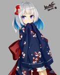  1girl artist_name blue_hair blush closed_mouth dated eyebrows_visible_through_hair grey_background hair_ornament kavka looking_at_viewer multicolored_hair original short_hair signature silver_hair simple_background solo violet_eyes 