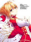  1girl absurdres artoria_pendragon_(all) bangs blonde_hair breasts chinese eyebrows_visible_through_hair fate_(series) green_eyes hand_on_own_chest hard_translated highres holding looking_at_viewer lying medium_breasts on_back open_mouth petals saber saber_extra shiny simple_background solo wide_sleeves 
