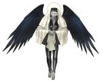  1boy angel angel_wings black_hair black_nails black_wings blue_eyes blue_lips chest feathered_wings grey_skin halo highres kazuma_kaneko looking_at_viewer mask mastema_(shin_megami_tensei) nail_polish official_art own_hands_together pantyhose shin_megami_tensei shin_megami_tensei:_strange_journey smirk white_background wings 