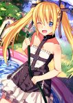  1girl ;) bare_shoulders blonde_hair blue_eyes chair dead_or_alive dead_or_alive_5 flat_chest frills gothic_lolita hair_ribbon highres lolita_fashion long_hair marie_rose nishisan_(mikurosu) one_eye_closed ribbon smile solo twintails 
