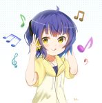  1girl :q aayh ahoge bangs bass_clef beamed_quavers beamed_semiquavers blue_hair blush closed_mouth commentary_request drawstring eyebrows_visible_through_hair gochuumon_wa_usagi_desu_ka? halftone halftone_background hands_on_headphones headphones hood hood_down hoodie jouga_maya listening_to_music looking_at_viewer musical_note quaver short_sleeves simple_background smile solo tareme tongue tongue_out treble_clef upper_body white_background yellow_eyes yellow_hoodie 