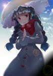  1girl ajirogasa asuzemu black_hair blush braid commentary dress hands_together hat lens_flare long_hair looking_at_viewer red_eyes smile solo touhou twin_braids yatadera_narumi 