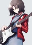  1girl black_eyes black_hair blue_kimono breasts fur_collar fur_trim guitar guitar_tapping holding holding_instrument instrument jacket japanese_clothes kara_no_kyoukai kimono looking_at_viewer obi okakasushi plectrum red_jacket ryougi_shiki sash short_hair simple_background small_breasts solo 