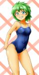  1girl absurdres adjusting_clothes adjusting_swimsuit blue_eyes breasts competition_school_swimsuit d-m_(dii_emu) green_hair highres looking_at_viewer original short_hair small_breasts smile solo swimsuit 