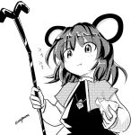  1girl animal_ears blush_stickers capelet cheese chewing closed_mouth dutch_angle eating food from_below greyscale jewelry long_sleeves monochrome mouse_ears nazrin necklace short_hair taurine_8000mg touhou twitter_username 