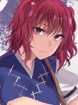  1girl asa_(coco) bangs closed_mouth expressionless hair_bobbles hair_ornament japanese_clothes looking_at_viewer onozuka_komachi puffy_short_sleeves puffy_sleeves red_eyes redhead scythe short_sleeves solo touhou two_side_up upper_body 