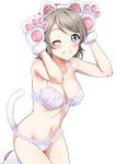  1girl animal_ears arms_up bangs blue_eyes blush bra breasts brown_hair cat_ears cat_tail cleavage cowboy_shot eyebrows_visible_through_hair facial_mark fake_animal_ears fake_tail gloves grin hairband highres leaning_forward leg_up looking_at_viewer love_live! love_live!_sunshine!! medium_breasts navel one_eye_closed panties paw_gloves paw_print paws rozen5 short_hair simple_background smile solo swept_bangs tail underwear underwear_only watanabe_you white_background white_bra white_panties 