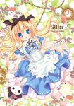  1girl :o ace_of_hearts alice_(wonderland) alice_in_wonderland animal apron arm_support artist_name bangs black_bow black_hairband black_ribbon blonde_hair blue_eyes blue_shirt blue_skirt blush bow card character_name checkered checkered_background clock clothed_animal club_(shape) commentary_request diamond_(shape) eyebrows_visible_through_hair flower frilled_apron frilled_sleeves frills hair_between_eyes hair_bow hairband heart leaning_back long_hair looking_at_viewer maid_apron original outstretched_arm pantyhose parted_lips playing_card puffy_short_sleeves puffy_sleeves rabbit reaching_out ribbon rico_(pico-ba) rose shirt short_sleeves skirt spade_(shape) striped striped_legwear very_long_hair white_apron white_bow white_rabbit wrist_cuffs 