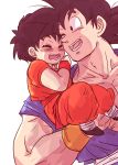  1boy 1girl ;) black_eyes black_hair carrying closed_eyes dougi dragon_ball dragonball_z grandfather_and_granddaughter happy miiko_(drops7) one_eye_closed open_mouth pan_(dragon_ball) short_sleeves simple_background smile son_gokuu white_background wristband 