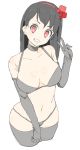  1girl absurdres bangs bare_shoulders bikini black_hair breasts choker cowboy_shot cropped_legs donguri_suzume elbow_gloves gloves grey_bikini grey_gloves grey_legwear grey_neckwear grin hairband hand_up highres large_breasts long_hair looking_at_viewer navel no_pupils red_eyes simple_background smile solo swimsuit thigh-highs v white_background 