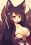 1girl akagi_(azur_lane) anger_vein animal_ears azur_lane blush breasts brown_hair cleavage commentary_request eyeshadow fox_ears fox_tail hair_tubes highres japanese_clothes large_breasts long_hair looking_at_viewer makeup multiple_tails muuran open_mouth red_eyes solo sweat tail translation_request 