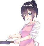  1girl apron bangs blue_eyes blush cooking eyebrows_visible_through_hair frying_pan hair_between_eyes holding long_sleeves looking_down original pink_apron purple_hair shirt short_hair sleeves_rolled_up smile solo standing striped striped_shirt suzunari_shizuku upper_body white_background yuki_arare 