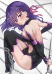  1girl absurdres bare_back bare_shoulders blurry blush bow breasts chains commentary_request dagger depth_of_field dual_wielding fate/stay_night fate_(series) go-1 hair_bow hair_ribbon highres long_hair looking_at_viewer matou_sakura medium_breasts purple_hair ribbon sideboob smile solo violet_eyes weapon 