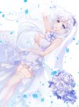  1girl :d armpits azur_lane bare_shoulders blue_eyes blurry bouquet breasts bridal_veil cleavage commentary_request depth_of_field dress elbow_gloves flower garter_straps gloves highres illustrious_(azur_lane) long_hair medium_breasts myusha open_mouth petals rose silver_hair simple_background smile solo standing tiara veil very_long_hair white_background white_dress white_gloves white_rose 
