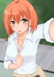  1girl :p absurdres airi_(satosi) blush breasts chalkboard classroom cleavage clothes_around_waist collarbone earrings eyebrows_visible_through_hair highres jewelry large_breasts looking_at_viewer no_bra orange_hair original satosi school_uniform self_shot shirt_pull short_hair sleeves_folded_up solo stud_earrings tongue tongue_out upper_body yellow_eyes 