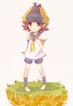  1boy brown_eyes brown_hair cabbie_hat flipped_hair grass hat male_focus mushiking ozaki_taichi puffy_short_sleeves puffy_sleeves sailor_collar shin_kouchuu_ouja_mushiking short_hair short_sleeves shorts solo 