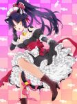  1girl alternate_costume animal_ears bell bell_collar black_hair blush boots cat_ears cat_tail collar enmaided fate/grand_order fate_(series) high_heel_boots high_heels highres katou_danzou_(fate/grand_order) maid maid_headdress ponytail ribbon tail tail_ribbon unakura yellow_eyes 