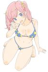  1girl :d bare_arms bare_legs bare_shoulders bikini blue_bikini blue_eyes breasts donguri_suzume eyebrows_visible_through_hair full_body head_tilt kneeling looking_at_viewer medium_breasts open_mouth pink_hair scrunchie simple_background smile solo star star_print swimsuit v white_background 