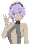  1girl absurdres assassin_(fate/prototype_fragments) bangs bare_arms bare_shoulders blush breasts closed_mouth dark_skin donguri_suzume eyebrows_visible_through_hair fate/prototype fate/prototype:_fragments_of_blue_and_silver fate_(series) hairband hand_up highres purple_hair short_hair simple_background small_breasts smile solo upper_body violet_eyes w white_background 