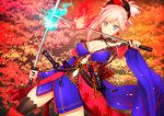  1girl autumn autumn_leaves blue_eyes blush breasts detached_sleeves earrings fate/grand_order fate_(series) forest hair_ornament japanese_clothes jewelry kaito_(collect_mania) katana kimono large_breasts looking_at_viewer midriff miyamoto_musashi_(fate/grand_order) nature navel pink_hair ponytail sash short_kimono smile solo sword thigh-highs weapon 