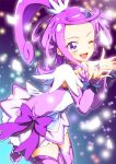  1girl ;d arm_warmers blue_background boots bow choker cure_sword curly_hair dokidoki!_precure gradient gradient_background hair_ornament kenzaki_makoto light_particles looking_at_viewer magical_girl one_eye_closed open_mouth ponytail precure purple purple_background purple_bow purple_footwear purple_hair purple_neckwear short_hair smile solo spade_hair_ornament thigh-highs thigh_boots violet_eyes yuto_(dialique) 