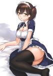  1girl alternate_costume ass black_legwear blue_dress blush breasts brown_eyes brown_hair cleavage collarbone detached_collar dress enmaided fukuroumori hair_between_eyes highres kaga_(kantai_collection) kantai_collection looking_at_viewer lying maid maid_headdress medium_breasts no_shoes on_side parted_lips short_hair side_ponytail solo thigh-highs 