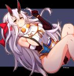  1girl bare_legs bare_shoulders blue_background blush breasts bright_pupils elbow_gloves fate/grand_order fate_(series) gauntlets gloves highres horns japanese_clothes large_breasts long_hair looking_at_viewer pom_pom_(clothes) red_eyes slit_pupils solo tilt-shift tomoe_gozen_(fate/grand_order) twitter_username two-tone_background white_hair 