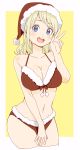  1girl :d absurdres bare_arms bare_shoulders bikini blonde_hair blue_eyes blush breasts christmas cleavage cowboy_shot cropped_legs donguri_suzume eyebrows_visible_through_hair fur-trimmed_bikini fur_trim hand_up hat highres large_breasts looking_at_viewer open_mouth original pom_pom_(clothes) red_bikini santa_hat smile solo swimsuit v yellow_background 