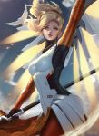  1girl arm_up bird blonde_hair blue_eyes bodysuit dove gloves glowing glowing_wings high_ponytail holding holding_staff long_hair mechanical_halo mechanical_wings mercy_(overwatch) overwatch parted_lips raikoart sky solo spread_wings staff wings yellow_wings 