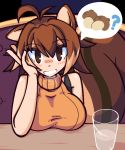  1girl acorn animal_ears antenna_hair average-hanzo blazblue blush_stickers breast_rest breasts brown_eyes brown_hair casual large_breasts looking_at_viewer makoto_nanaya sexually_suggestive short_hair sleeveless sleeveless_turtleneck solo speech_bubble squirrel_ears squirrel_tail tail turtleneck 