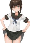  1girl black_sailor_collar black_skirt brown_hair eyebrows_visible_through_hair fubuki_(kantai_collection) green_eyes highres kantai_collection lifted_by_self masukuza_j open_mouth panties pleated_skirt sailor_collar school_uniform serafuku short_hair short_sleeves simple_background skirt skirt_lift solo underwear white_background white_panties 