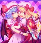  2girls blonde_hair blue_hair bow brooch dress fangs flandre_scarlet hat hat_bow jewelry looking_at_viewer mob_cap multiple_girls open_mouth puffy_short_sleeves puffy_sleeves red_eyes remilia_scarlet sash shichi_miko short_hair short_sleeves siblings side_ponytail sisters smile touhou wings wrist_cuffs 