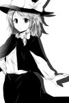  1girl bangs blush bow capelet collared_shirt cowboy_shot efukei eyebrows_visible_through_hair greyscale hair_bow hand_on_hip hat hat_bow highres long_sleeves looking_at_viewer monochrome shadow shirt short_hair sidelocks simple_background skirt solo touhou usami_renko white_background 