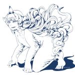  1girl akainan bangs claws curly_hair fangs flat_chest furry highres horn komainu komano_aun long_hair monochrome nude open_mouth pointy_ears slit_pupils solo touhou twitter_username very_long_hair 