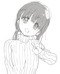  1girl :d absurdres bangs blunt_bangs breasts donguri_suzume eyebrows_visible_through_hair eyes_visible_through_hair green_eyes greyscale hand_up head_tilt highres long_hair long_sleeves looking_at_viewer medium_breasts monochrome open_mouth ribbed_sweater simple_background smile solo spot_color sweater turtleneck turtleneck_sweater upper_body w white_background 