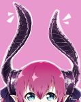 1girl aoi_suzu artist_name asymmetrical_horns blue_eyes close-up commentary_request eyelashes fate/extra fate/extra_ccc fate_(series) hair_ribbon highres horns lancer_(fate/extra_ccc) looking_at_viewer outline pink_background pink_hair pointy_ears ribbon simple_background solo tareme 