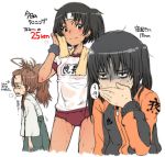  3girls alternate_costume black_hair brown_eyes brown_hair covering_mouth drying gym_shirt gym_uniform hand_over_own_mouth headband heavy_breathing kantai_collection kuma_(kantai_collection) long_hair long_sleeves multiple_girls nagara_(kantai_collection) one_side_up sendai_(kantai_collection) shirt standing sweat sweating sweating_profusely tabigarasu towel towel_around_neck translation_request two_side_up wet wiping_sweat 