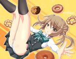  1girl :o ass black_dress black_legwear blush bow bowtie brown_eyes brown_hair collared_shirt double-breasted double_bun doughnut dress eyebrows_visible_through_hair eyelashes food green_bow green_neckwear hair_between_eyes kantai_collection kneehighs legs_up long_hair long_sleeves looking_at_viewer michishio_(kantai_collection) open_mouth outline outstretched_arm panties pinafore_dress remodel_(kantai_collection) shirt short_dress solo tamayan thighs two-tone_background underwear white_outline white_panties white_shirt wing_collar yellow_background 