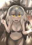  1boy 1girl :o absurdres araido_kagiri bikini black_bikini blush breasts cleavage command_spell fate/grand_order fate_(series) fujimaru_ritsuka_(male) headpiece highres jeanne_alter looking_at_viewer medium_breasts midriff navel open_mouth pov pov_hands ruler_(fate/apocrypha) sarong scared shadow short_hair silver_hair solo_focus sweatdrop swimsuit wall_slam yellow_eyes 