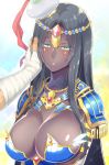  1girl black_hair breasts circlet cleavage dark_skin fate/grand_order fate_(series) green_eyes hand_on_another&#039;s_face hat highres jewelry large_breasts long_hair nakamura_hinato pov_hand scheherazade_(fate/grand_order) solo_focus very_long_hair wrist_wraps 