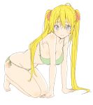  1girl absurdres all_fours arm_support bare_arms bare_legs bare_shoulders barefoot bikini blonde_hair blue_eyes blush breasts closed_mouth donguri_suzume from_side full_body green_bikini hair_between_eyes hair_ribbon highres kneeling large_breasts long_hair looking_at_viewer original red_ribbon ribbon side-tie_bikini smile solo swimsuit twintails very_long_hair white_background 