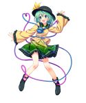  1girl absurdres artist_request bare_legs black_footwear black_hat blouse bow facing_viewer floral_print full_body green_eyes green_hair green_skirt hat hat_bow heart heart_of_string highres komeiji_koishi long_sleeves miniskirt open_mouth shoes skirt smile solo third_eye touhou transparent_background wide_sleeves yellow_blouse yellow_bow 