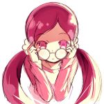  1girl :o bangs eyebrows_visible_through_hair glasses hair_ornament hair_scrunchie hanasaki_tsubomi heartcatch_precure! holding_eyewear kurasuke long_hair long_sleeves looking_at_viewer low_twintails parted_bangs parted_lips pink_eyes pink_hair pink_shirt precure scrunchie shirt simple_background sketch solo twintails very_long_hair white_background 