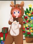  1girl :d animal_costume animal_ears antlers bangs blue_eyes blush blush_stickers bow bowtie box cake christmas christmas_lights christmas_ornaments christmas_tree commentary_request diagonal_stripes eyebrows_visible_through_hair food fruit gift gift_box holding holding_plate indoors koshigaya_natsumi long_sleeves looking_at_viewer non_non_biyori open_mouth orange_hair plate reindeer_antlers reindeer_costume reindeer_ears shika_(s1ka) slice_of_cake smile solo standing star strawberry strawberry_shortcake v 